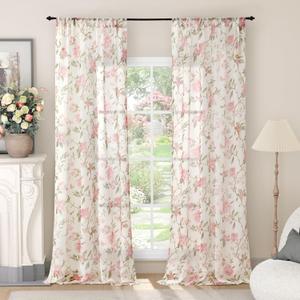 Lajode Floral Sheer Curtains for Girls Bedroom, Vintage Farmhouse Light Filtering Privacy Semi-Sheer Cute Linen Curtains for Kids Nursery 84 Inches Long 2 Panels, Rod Pocket, Pink, Each 52 Inch Wide
