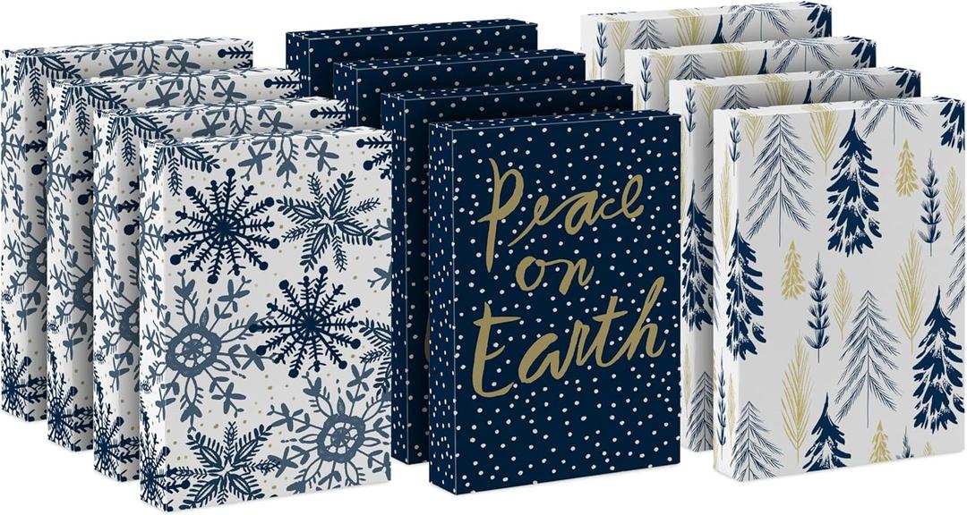 Hallmark Medium Christmas Gift Boxes with Lids (12 Shirt Boxes, White Snowflakes and Stripes on Kraft) for Holiday Parties, Winter Weddings, Bridal Showers