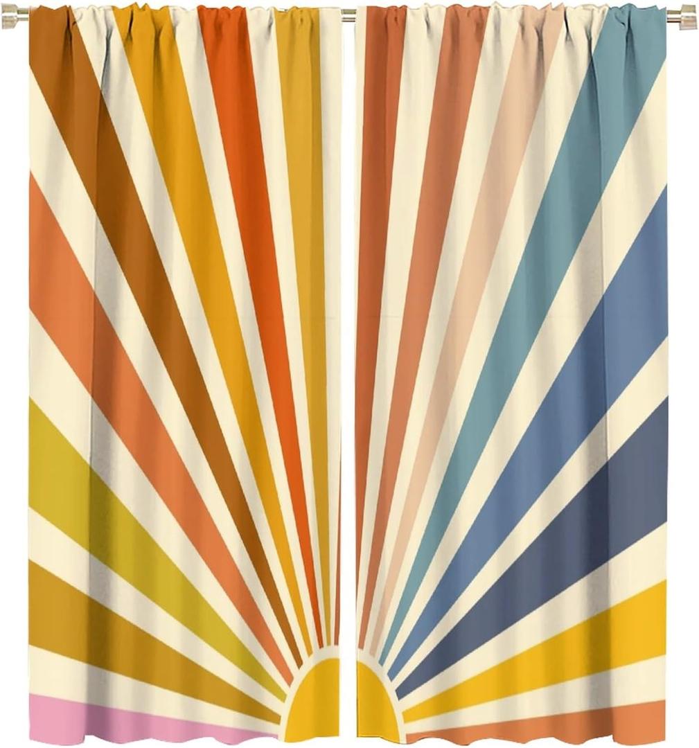 Mid Century Abstract Curtains, 70s Hippie Retro Ray Sunrise Sunset Vintage Groovy Aesthetic Rod Pocket Window Treatments Drapes for Bedroom Living Room 42x45in (Decor)