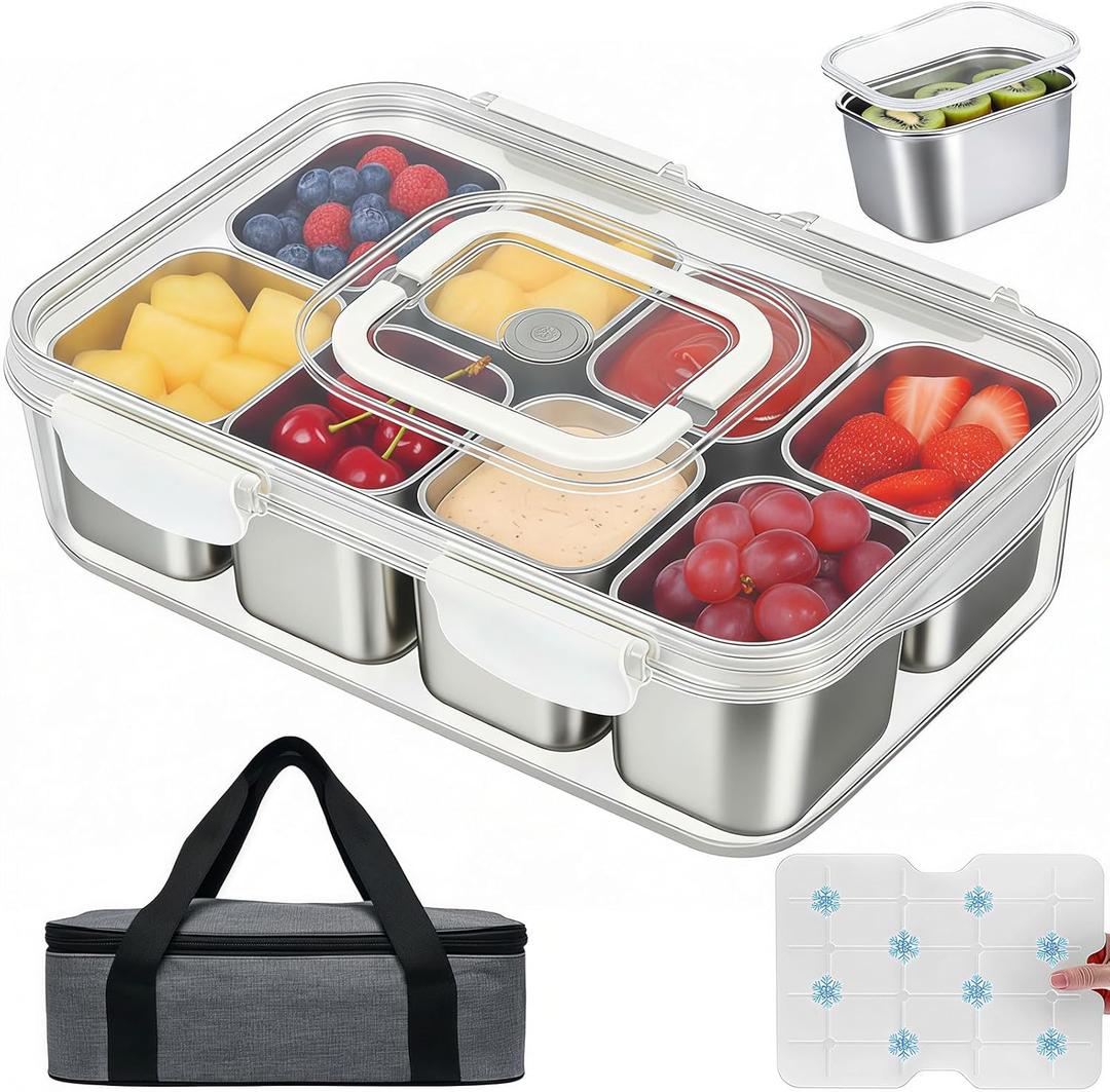 Snackle Box Container with Ice Pack, 304 Stainless Steel Divided Serving Tray, Snacklebox with Insulated Bag, 8 Compartment Platter Box with Lid and Handle for Beach, Road Trip, Boat Days, Pool Party (Silver White)