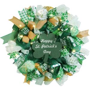 25 Inch Large St Patricks Day Decorations Wreath, Handmade Artificial Shamrock Wreath for Front Door with LED Lights, Kiss Me Im Irish for Wall Decor Window, Saint Paddys Day Decorations