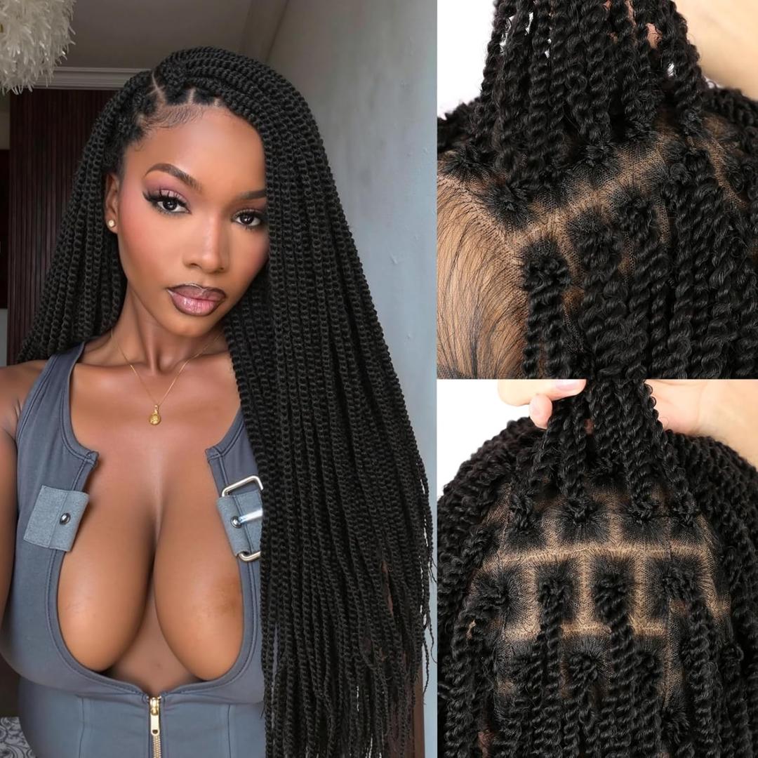 quickwig Senegalese Twist Long Braided Wig 26 Inches Square Knotless Twist Braided Wigs for Black Women Glueless Full Lace Braids Wigs Pre Plucked with Baby Hair Synthetic Twist Hair Black Color