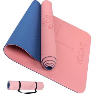 YOGATI Yoga Mat with Strap with Alignment Lines. Home Workout Mat for Women, Men and Kids. Thick Non Slip Yoga Mat for Pilates and Fitness. Brown, Pink and Purple Yoga Mats, 72"L x 24"W x 0.24"Th