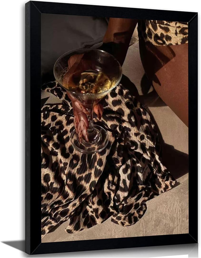 Framed Woman with Wine Glass Wall Art Leopard Fashion Canvas Print 16x24in