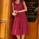 AlvaQ Women Summer Dresses Sleeveless Smocked Midi Dress High Waist Casual Tiered A Line Sundress with Pockets (Red, S)