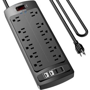 6 Ft Extension Cord Power Strip, Teiobar Surge Protector with 12 AC Outlets and 4 USB Ports for Home, Office, Dorm Essentials, 1875W/15A, 2700 Joules, ETL Listed, Black