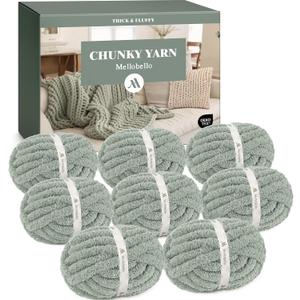 Mellobello Jumbo Chunky Yarn for Hand Knitting - Super Thick Chenille Chunky Yarn for Crocheting - Extra Soft Bulky Fluffy Blanket Big Yarn 8 Jumbo Pack (27yds, 8 oz Each Skein) Sage Green