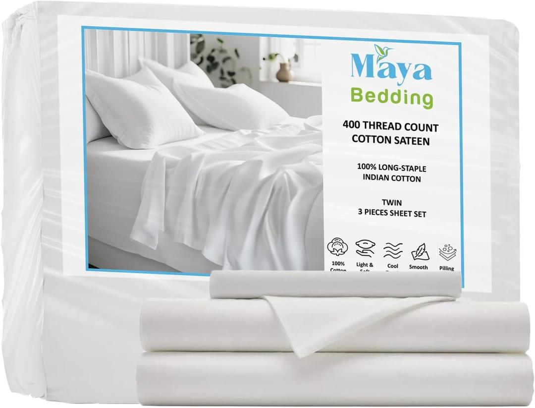 Twin 100% Cotton Bedsheet Set (3Pcs) - Bright White - 400 Thread Count Sateen Weave, Snug Bottom Deep Pocket Fitted Sheet, Fade Resistant & Envelope Closure Pillowcase (Twin, Bright White)