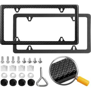 Real Carbon Fiber License Plate Frame, 100% Pure Carbon Fiber Frame, Black License Plate Holder Cover with Screw Caps, Anti-Vibration Pads (Twill 4 Hole)
