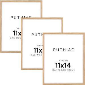 puthiac 11x14 Solid Oak Wood Picture Frame, Fits 8x10 with Mat or 11x14 Without Mat, Wall Display Only, Vertical or Horizontal, Plexi Front, 3 Pack, Natural Oak