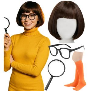 Swooflia Black Bob Wig for Women & Cosplay Accessories - Convenient Set Includes Adjustable Wig Cap, Magnifying Glass, Socks, Cosplay Wig for Halloween, Costume, Party and Daily Use (W2-04)