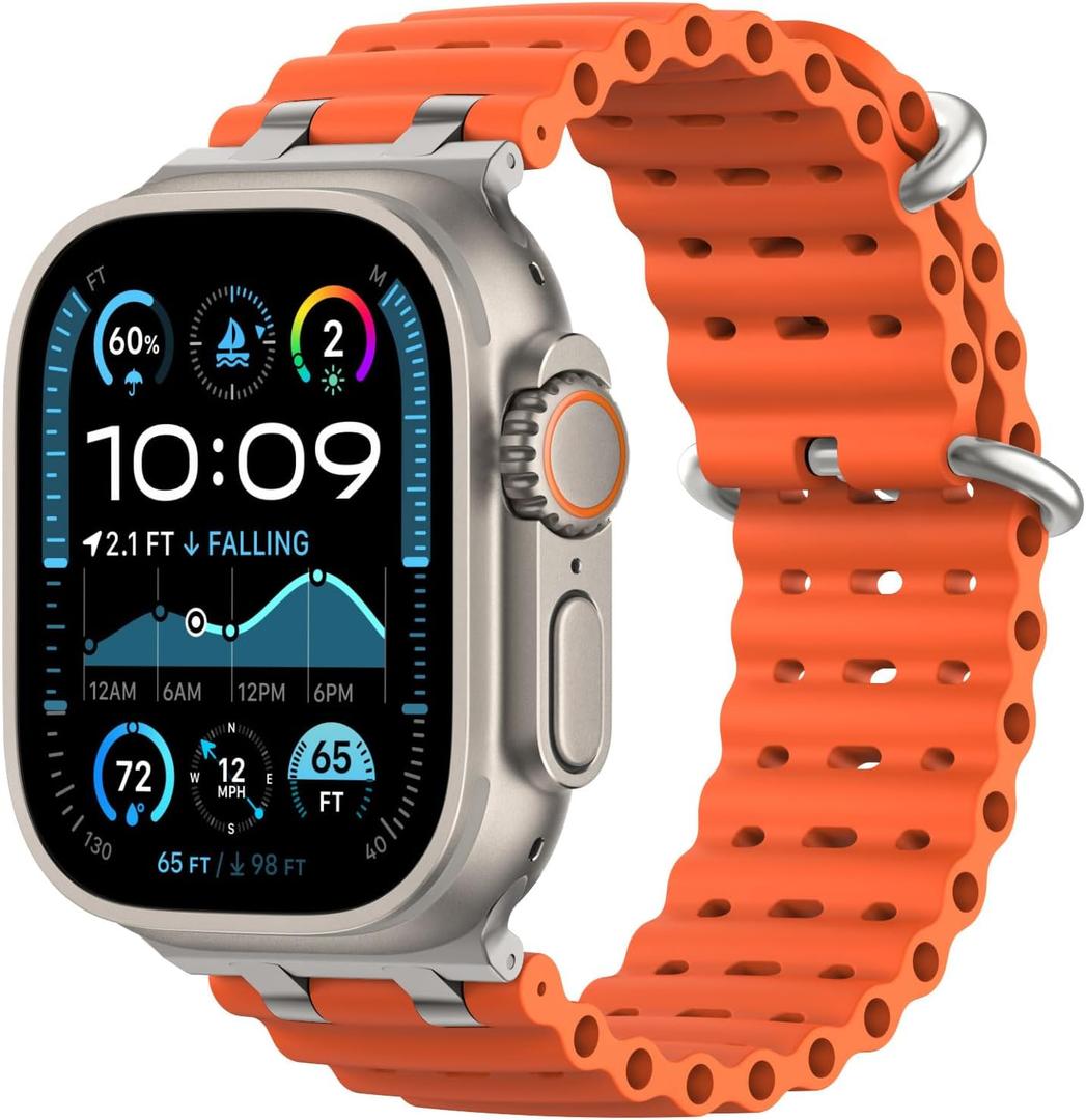 Upgraded Ocean Band Compatible with Apple Watch Ultra 3/2/1 49mm, S11/S10 46mm, 9/8/7 45mm, SE3/SE2/SE/6/5/4 44mm, 3/2/1 42mm, Metal Connector Breathable Sport Watch Strap for Men Women (Regular, Silver/Orange)