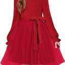 Arshiner Girls Tulle Dress Puff Long Sleeve Mock Neck Cable Knit Sweater Formal Casual Fall Winter Tutu Dresses with Belt (7-8 Years, Red)