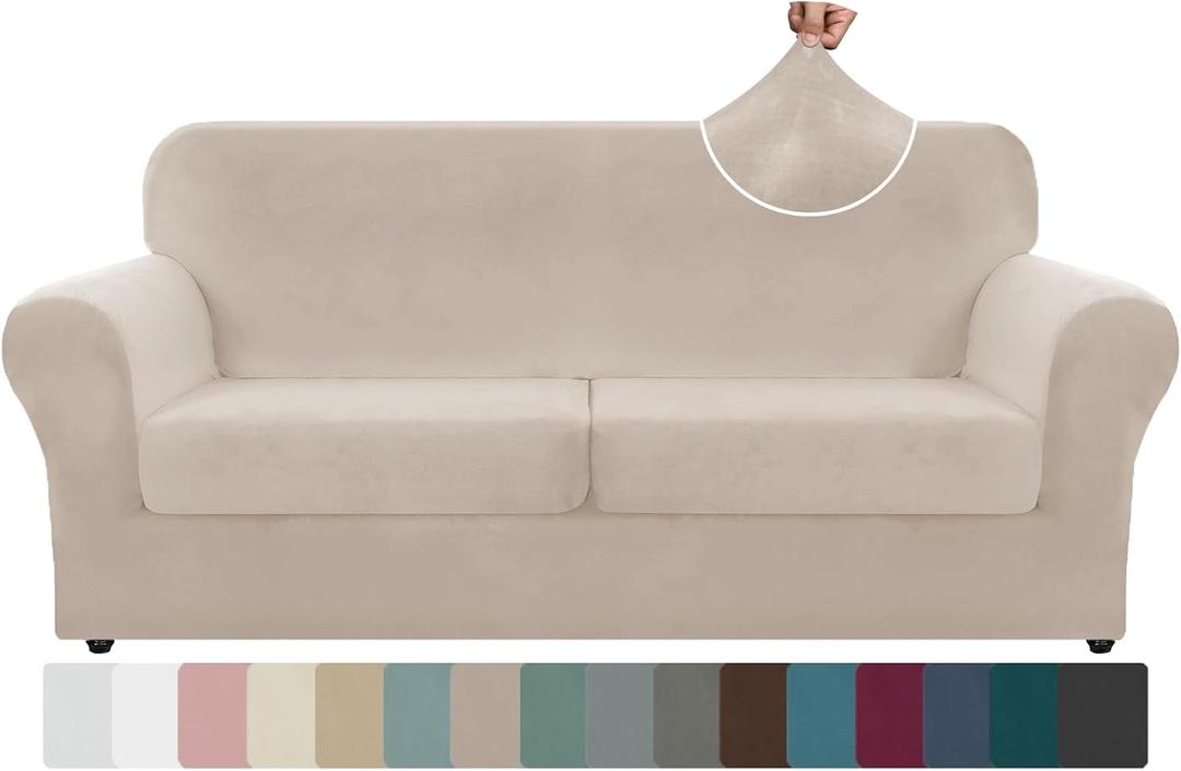 ZNSAYOTX Oversized Velvet 3 Piece Couch Cover with 2 Extra Large Seat Cushion Covers Stretch Sofa Cover for 2 Cushion Couch Thick Loveseat Sofa Slipcover for Living Room (Khaki), 72"-92"(2 Cushions)