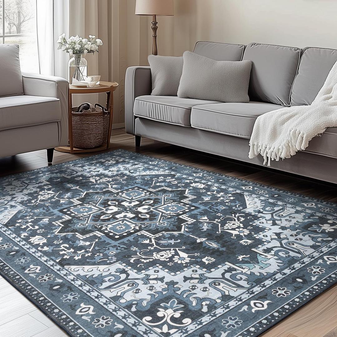 Rugflix 5x7 Area Rugs Machine Washable, Dark Navy Blue Carpet for Living Room, Oriental Indoor Area Rug Low Pile, Large Soft Thick Carpets Non Slip, Farmhouse Vintage Rug for Bedroom Dining Room