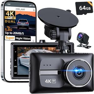 Dual Car Dash Cam Front and Rear,4K Front with Rear Dash Camera,5G WiFi for Cars with App, 3.0" IPS Screen,UHD Night Vision 24H Parking Mode, Dual 170° Wide Angle, WDR, GSensor,with a 64G Card