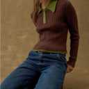 WDIRARA Women's Quarter Button Collared Sweater Long Sleeve Pullover Knit Tops Vintage Knitwear (Brown, M)