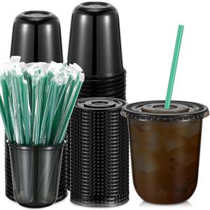 Baderke 25 Set Plastic Cups with Lids and Straws, Disposable Plastic Iced Coffee Cup for Cold Beverage Juice Smoothie Crystal for Coffee Shops Party Catering(Black,14 oz)