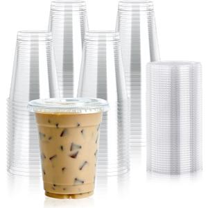 Lilymicky 90 Sets 16 oz Clear Plastic Cups With Flat Lids, 16 Ounce Disposable Drinking Cups With Lids for Ice Coffee, Smoothie, Slurpee, or Any Cold Drinks