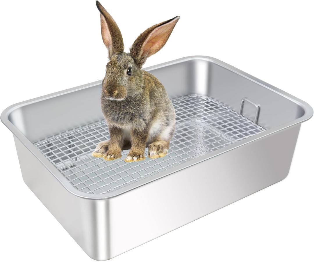 Large Stainless Steel Rabbit Litter Box,Bunny Litter Pan with Widened Grid,Toilet Tray,High Back Wall,Deep Waste Storage (Large)