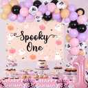 JOYMEMO Halloween 1st Birthday Decorations Girl, Spooky One Backdrop Tablecloth with Pink Purple Halloween Balloon Garland Arch Kit, The Spooky One Cake Topper Cupcake Toppers Party Supplies