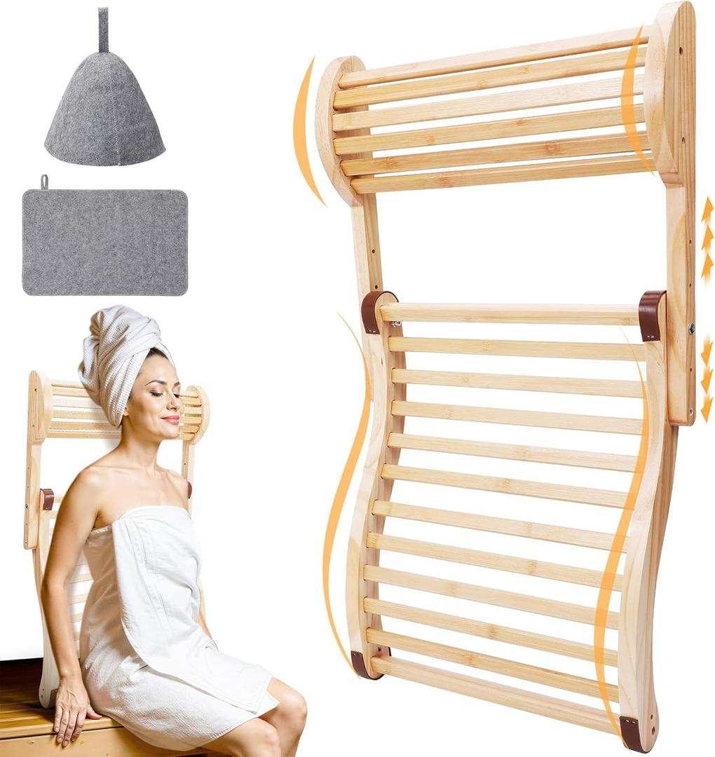 Bamboo Sauna backrest Infrared with Adjustable Headrest and Non-Slip Leather Base, Sauna Backrest Infrared for Home Spa, Ergonomic Sauna Backboard, Infrared Sauna Accessories for Relaxation