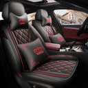 Crown Car Seat Covers Full Set, Premium Leather Waterproof Anti-Slip Automotive Interior Protector for Cars, SUVs, Pickup, Trucks & Sedans (Black+Red Line)