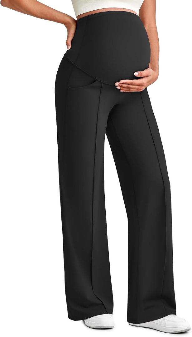 G4Free Maternity Yoga Pants with Pockets Over The Belly Pregnancy Dress Work Pants Soft Wide Leg Workout Trousers(Black, M, Short)