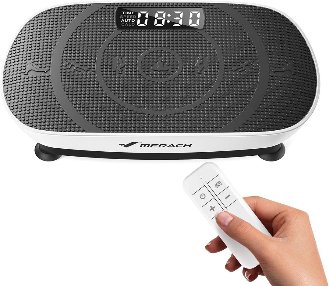 MERACH Vibration Plate Exercise Machine, Curved Vibration Plate for Lymphatic Drainage Weight Loss, Vibrating Plate with Real-Time Calorie Tracking on LED Display, Workout Equipment for Home Women Men (Black White)