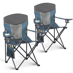 Outdoor Camping Chair 2-Pack with Mesh Back, Folding Portable Lawn Chairs with Cup Holder & Side Storage Pocket for Camping, Beach, Picnic, Fishing(Blue)