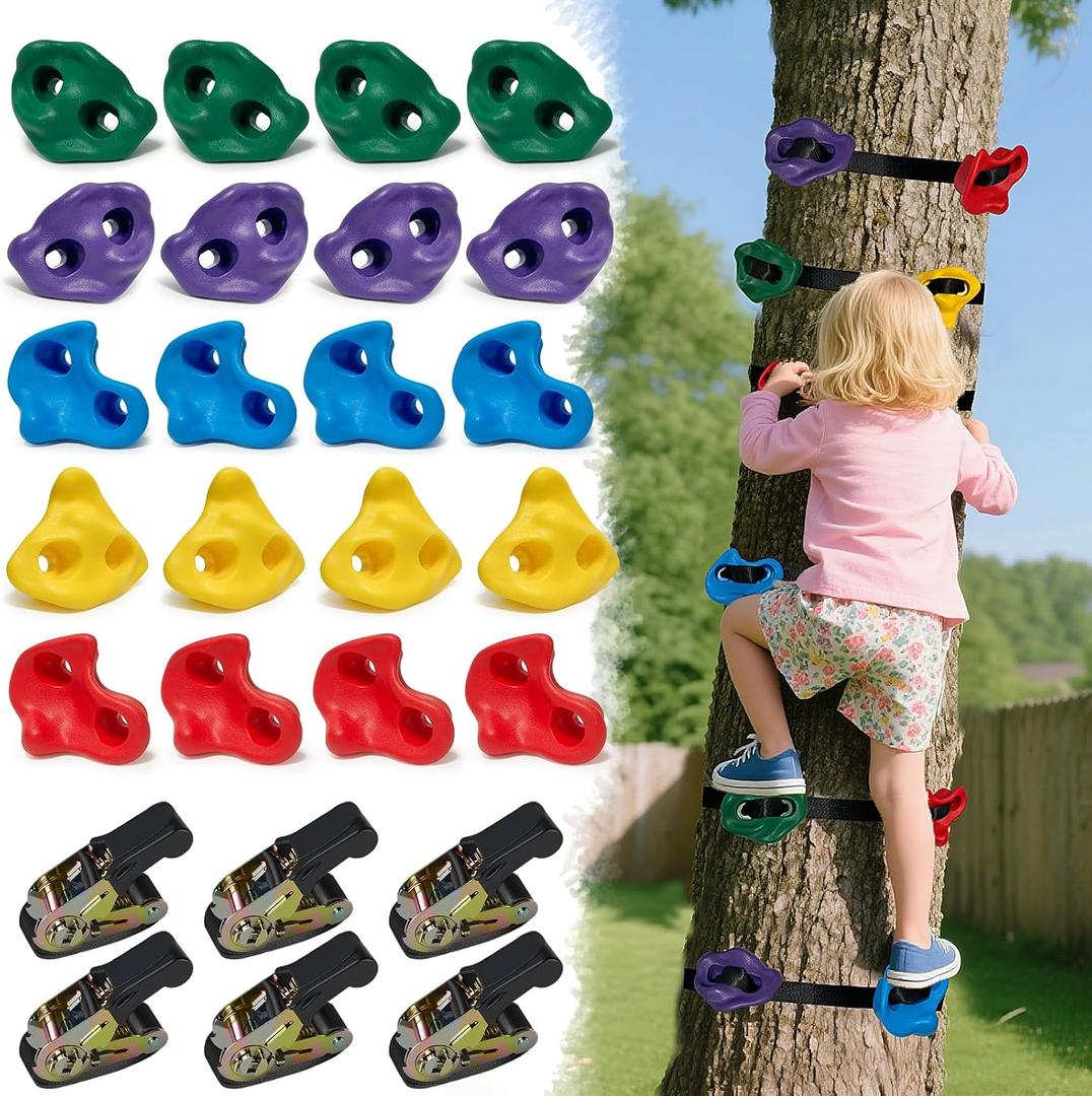 20 PCS Large Ninja Tree Climbing Holds for Kids, Adult Rock Wall Holds Climbing Rock Wall Grips for Indoor and Outdoor Playground Play Set with 6 Ratchet Straps