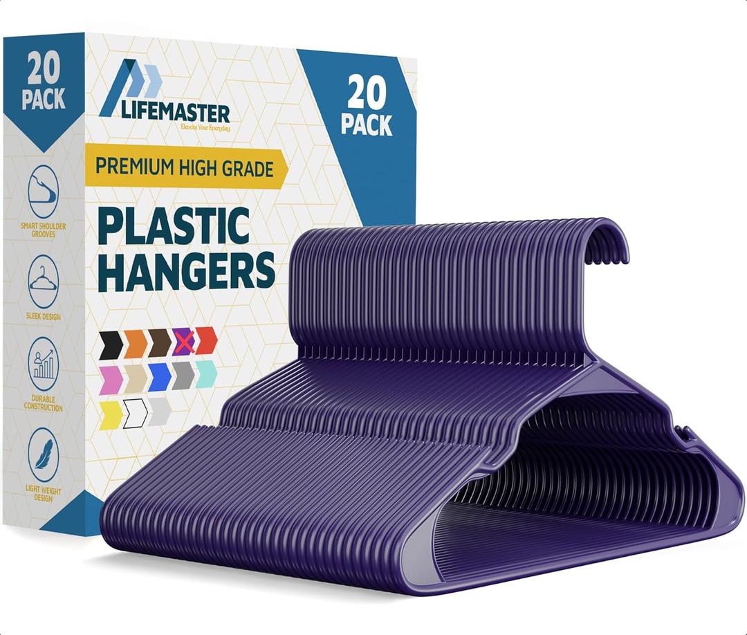 Lifemaster Plastic Clothes Hangers Heavy Duty Hanger Set, for Organizing Clothes, Dresses, and Coat, Holds Up to 5 lbs, Space-Saving Hangers with Non-Slip Shoulder Grooves, Pack of 20, Purple