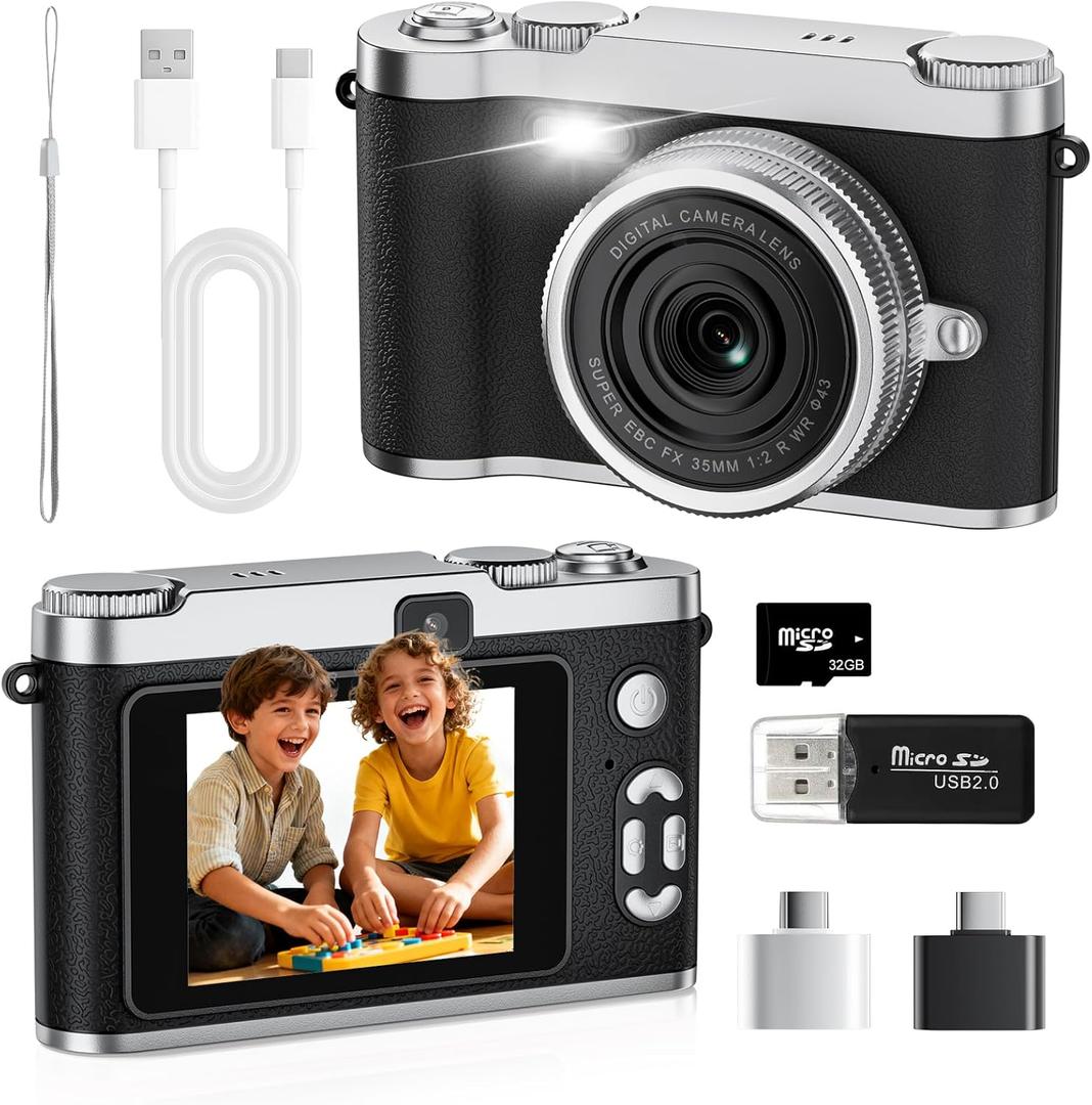 Upgrade Kids Selfie Camera, HD Digital Video Cameras for Toddler, Portable Toy for 3 4 5 6 7 8 Year Old Girl with 32GB SD Card-Black