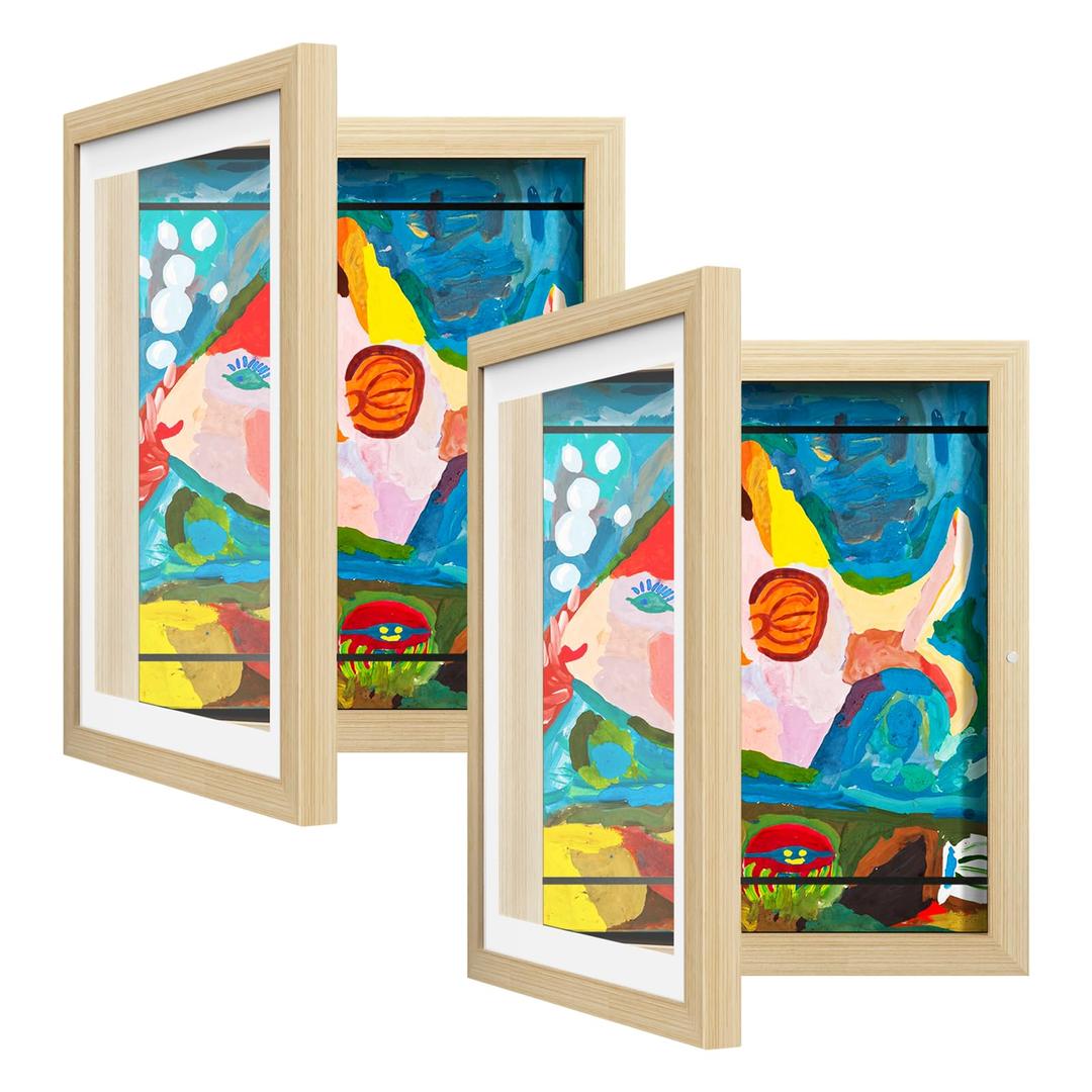 2 Pack Kids Art Frame, Kids Artwork Frames Changeable 8 x10.5 with Mat and 9 x12 Without Mat, Woodgrain Front Opening Children Picture Storage Frame for Wall Holds 50Pcs Crafts, Drawing, Art Projects