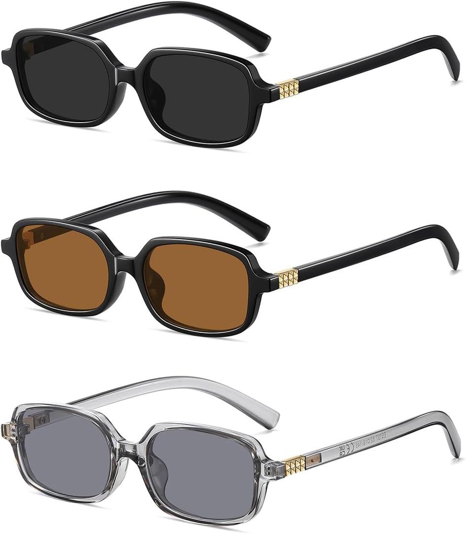 Retro Rectangular Sunglasses for Women Trendy Funny Vintage Fashion Narrow Small 90s Sunnies(3 Pack)