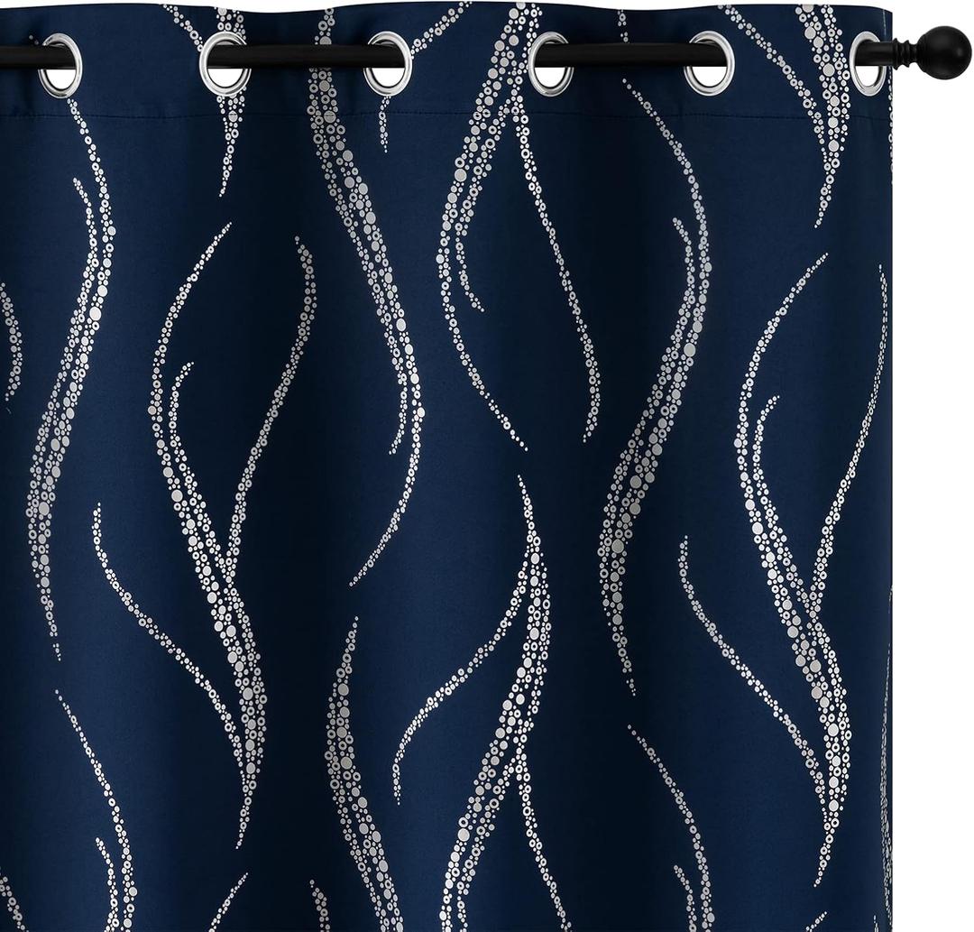 Yakamok Blackout Curtains 84 inch Length Living Room Thermal Insulated Silver Wave Line Dots Pattern Curtains Room Darkening Grommet Curtains for Bedroom, Navy, W42 x L84-inch, 2 Panels