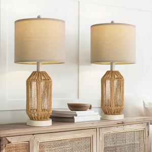 OYEARS 21" Boho Table Lamps Set of 2 for Living Room, Bedside Lamps for Nightstand, Rattan Lamp for Bedroom, Farmhouse Table Lamps for Boho Decor, End Table, Retro, White