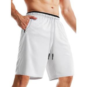 Aolesy Men's Basketball Shorts with Zipper Pockets Lightweight Quick Dry 10 Inch Workout Shorts for Men Athletic Gym White, Medium