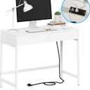 Treocho Computer Desk with USB Charging Ports and Power Outlets, Modern Simple 40 inch White Desk with 2 Drawers, Vanity Desk, Makeup Table for Home Office, Bedroom