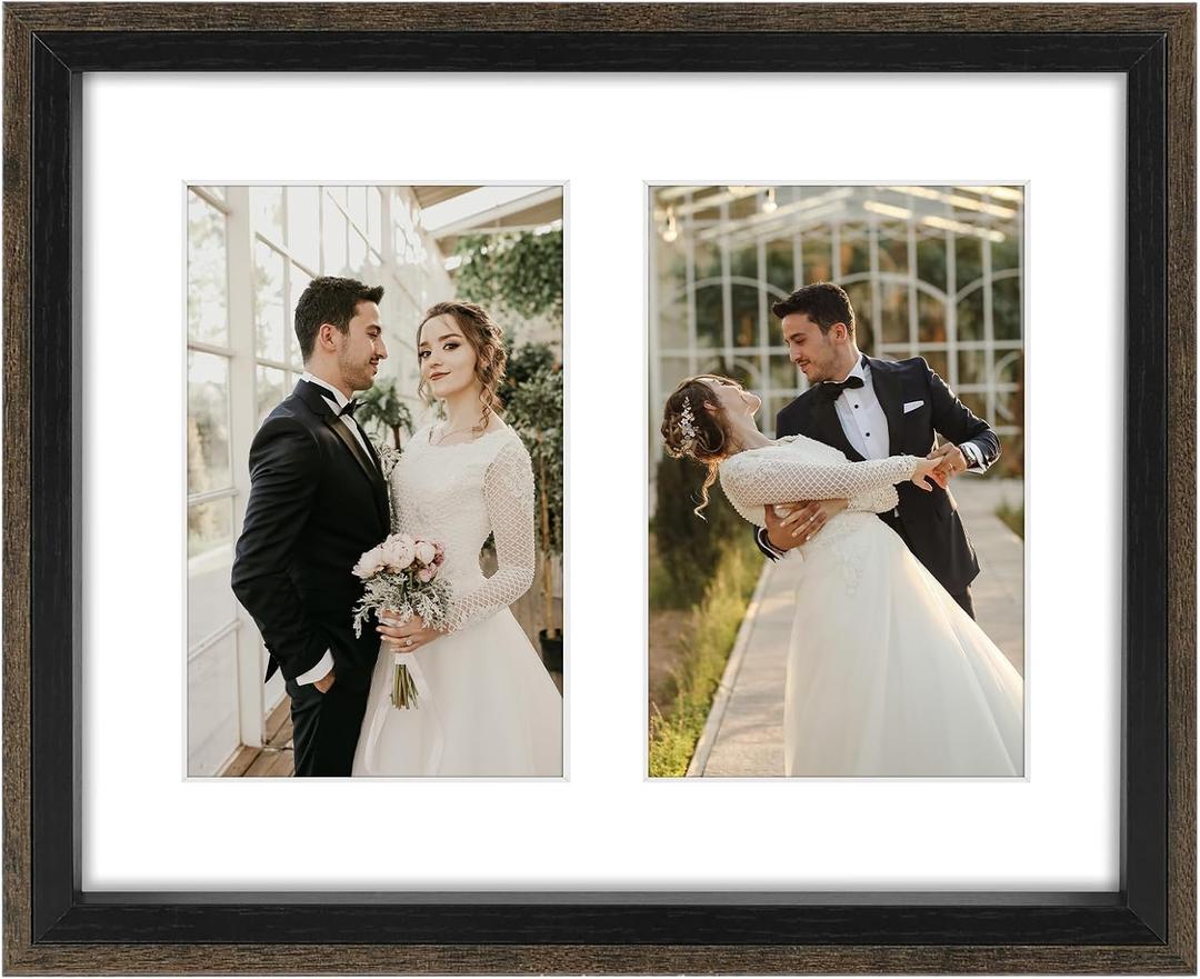 Frametory, 4x6 Double Picture Frame in Black and Walnut - 8x10 Collage Frame, Real Glass - Horizontal and Vertical Formats for Wall, 1 Pack, 8x10 with Two 4x6