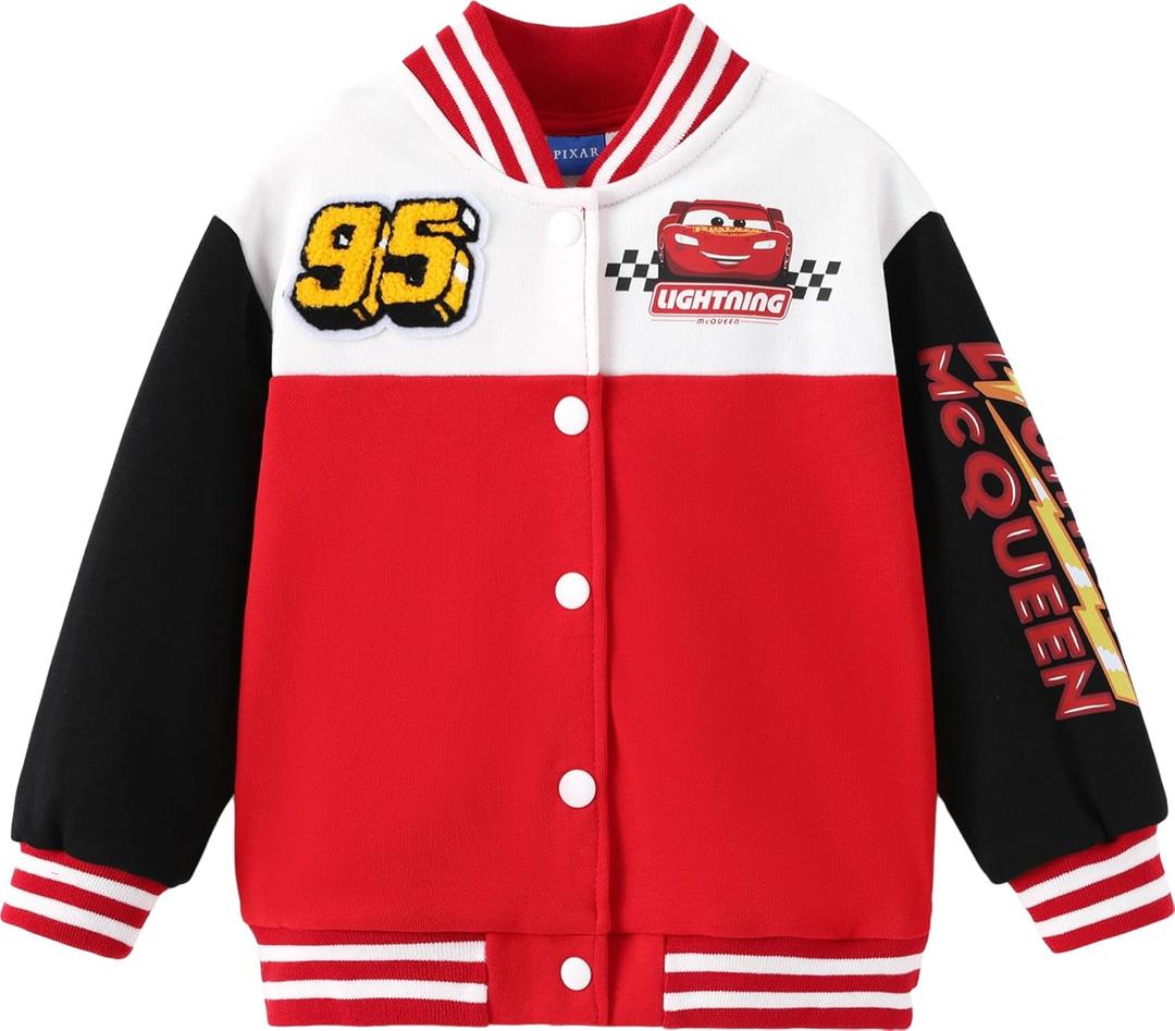 Disney Bomber Varsity Jackets for Boys Cars Baseball Jacket Coat Little Boy Outfit Kid Outwear Casual Sport Cardigan Sweatshirt Fall Varsity Coats Snap Button Front Holiday Playwear Red Size 4-5 Years