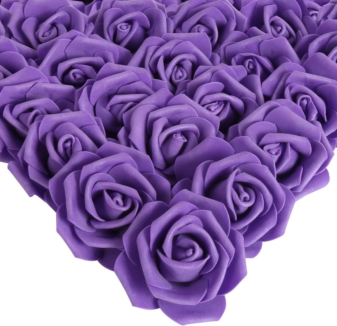 IPOPU Artificial Roses Flowers Heads, 100Pcs Stemless Foam Roses Heads Bulk 3in Fake Flowers for Crafts, Wall Decorations, DIY Wedding Bouquets, Bridal Shower, Party Home Decoration(Dark Purple)