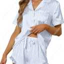 SAPJON Satin Silk Pajamas for Women 2Pcs Ruffle Notch Collar Sleepwear Button Down Short Sleeve Shorts Pjs Set Loungewear, Medium