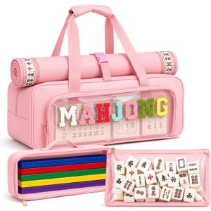 3 Piece Mahjong Storage Bag Set for American Mahjong, Clear Zippered Travel Organizer with Chenille Letter Patch for Tiles, Racks and Accessories, Portable Empty Carrying Case (Pink)