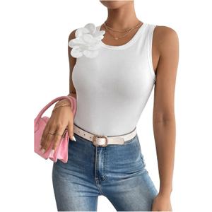 SweatyRocks Women's 3D Floral Fitted Tank Top Pearl Crew Neck Sleeveless Cami Tops (S, White)