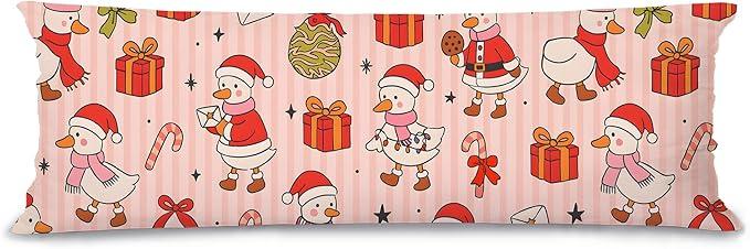 Coquette Pink Christmas Santa Goose Body Pillow Cover 20x54, Cute Christmas Decor, Retro Girly Xmas Bow Candy Cane Bauble Gift Box Long Body Hug Pillow Pillowcase for Bed Couch Kids Adults