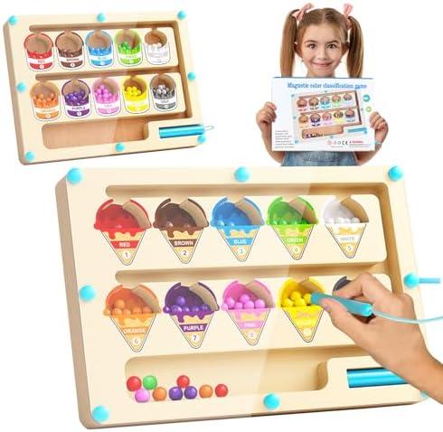 WUEURU Magnetic Color and Number Maze,Montessori Counting Matching Toys,Wooden Color Matching Learning Counting Puzzle Board for Toddlers and Kids Boys Girls Preschoolers 3 4 5 Years Old