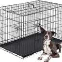 FDW Dog Crate for Large Dogs 42 Inch Folding Metal WirePet Cage Double Door W/Divider Panel Indoor Outdoor Kennel Leak-Proof Plastic Tray, Black
