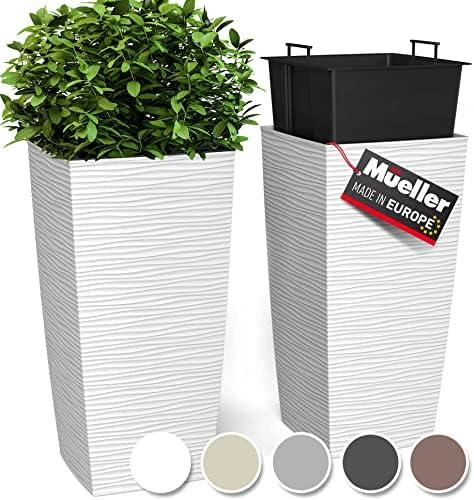 Mueller M-Resin Heavy Duty Tall Planter, Indoor/Outdoor Grande Plant, Tree, Flower Pot, 2-Piece Set, 27.5”, Modern Design, Built-in Drainage, White