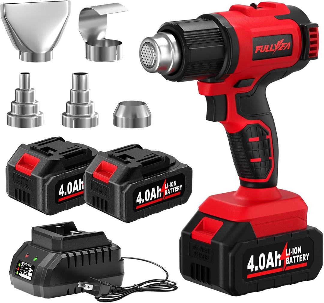 Fullyea Cordless Heat Gun, Max 550C (1022F), Hot Air Gun Kit with 5 Nozzles & 2x4.0Ah Batteries, Fast Heating, 2-Temperature Setting, Portable Heat Gun for Shrink Tubing, PVC Wrap, Crafts (Red)